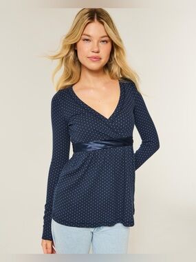 Y2K Hollister Navy Polka Dot V-Neck Long Sleeve baby doll top satin sash L